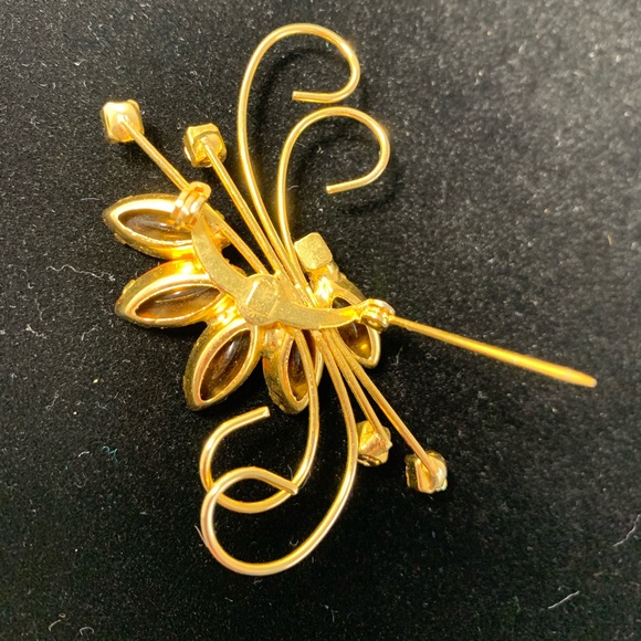 Vintage Amber Rhinestone Brooch Pin Gold Tone Large Marquise Small Square - Picture 3 of 12